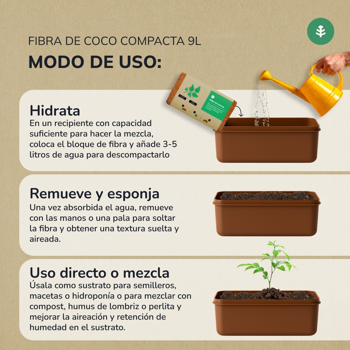 PLANETA HUERTO | Sustrato Fibra de Coco 9 Litros | Ecológico y Sostenible | Favorece el Crecimiento de las Plantas