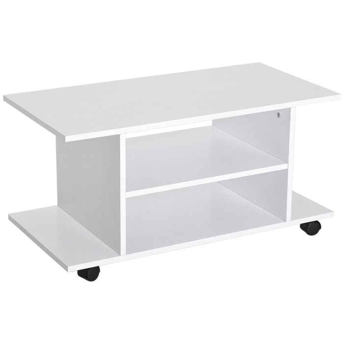 Meuble TV bas à roulettes avec étagère panneaux de particules blanc