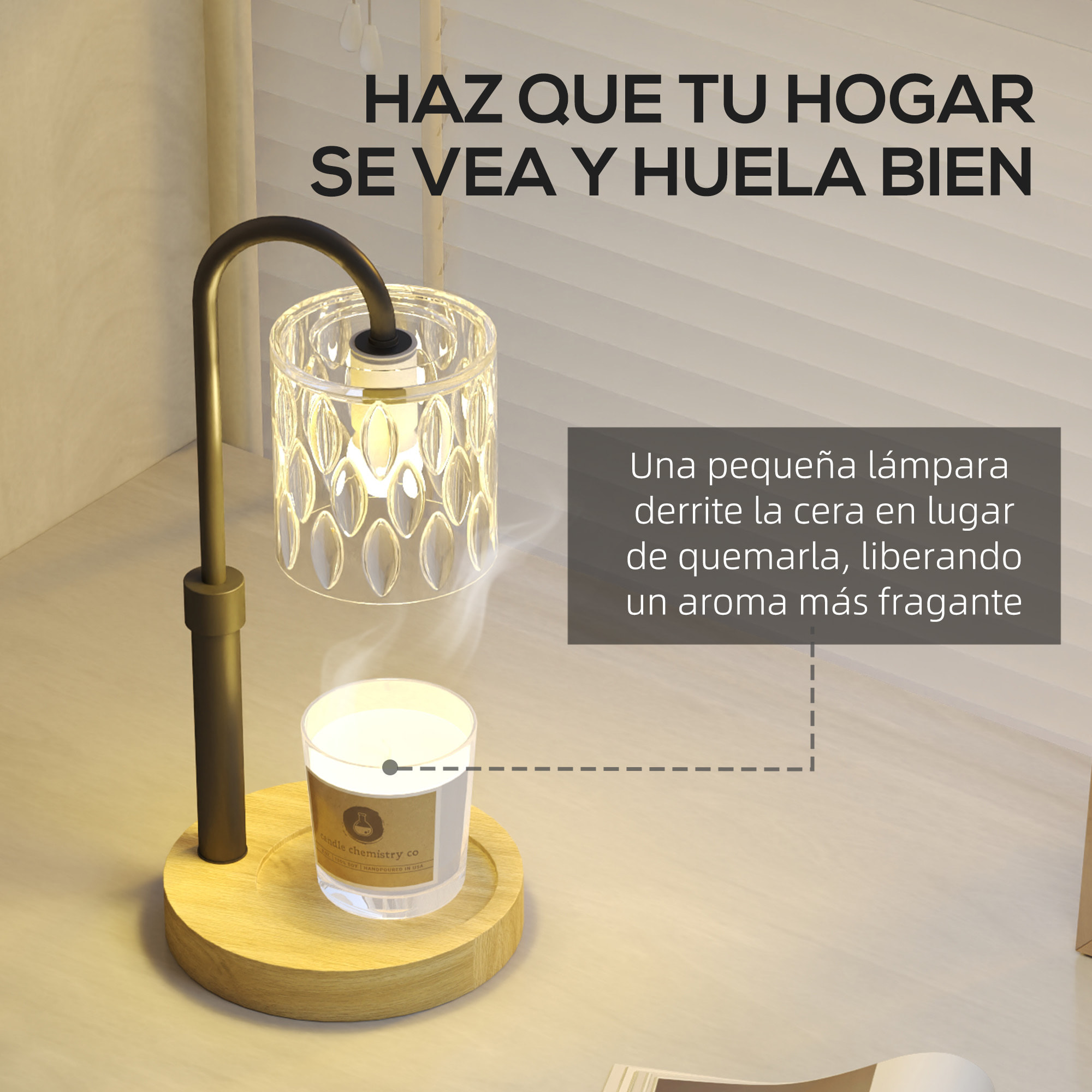 Lámpara de Mesita de Noche Lámpara Calefactora de Velas con Base de Madera Pantalla de Vidrio y Varilla Lámpara de Mesa para Dormitorio Salón Ø15x32,5 cm Multicolor