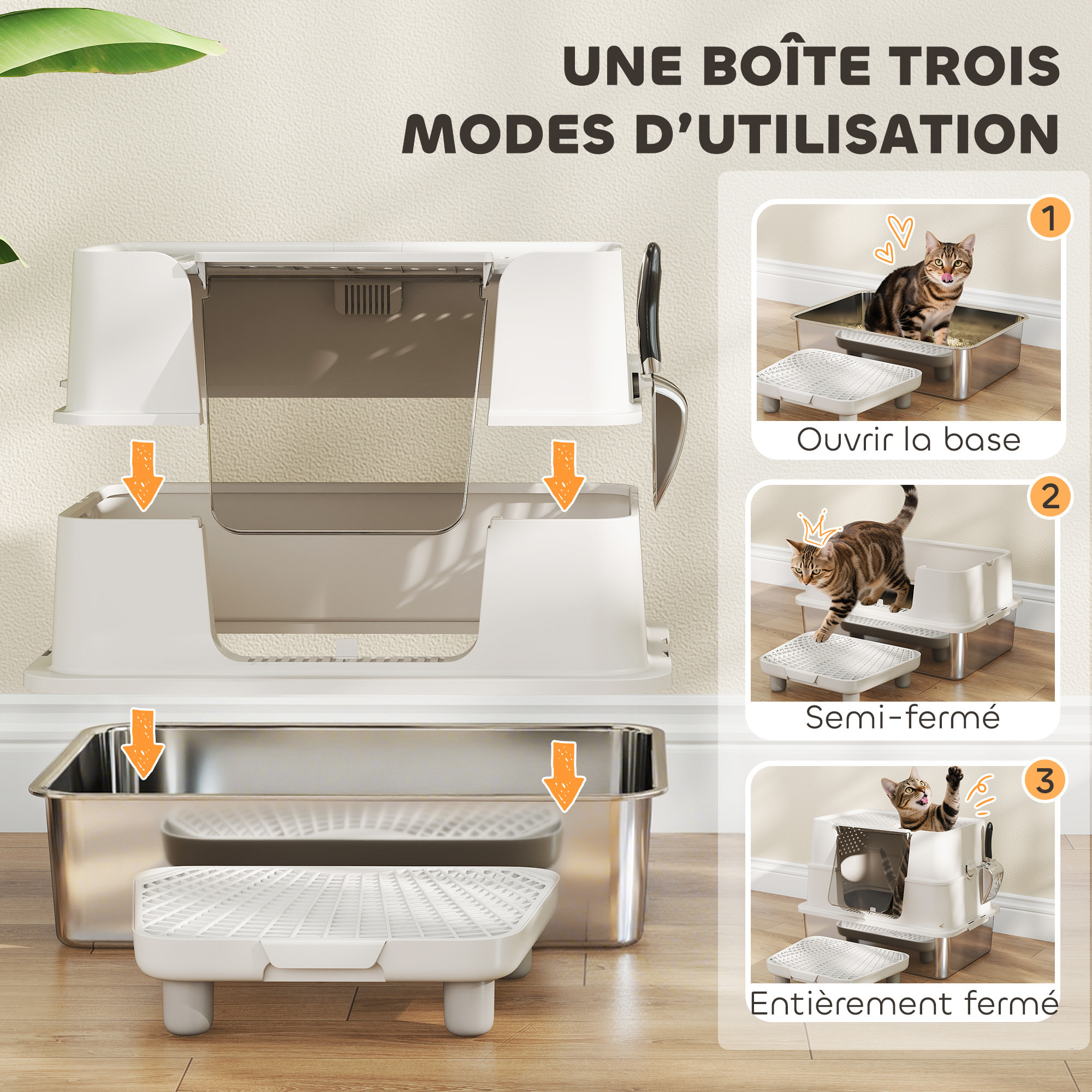 Bac à litière avec ouvercle pivotant 100° inox gris clair