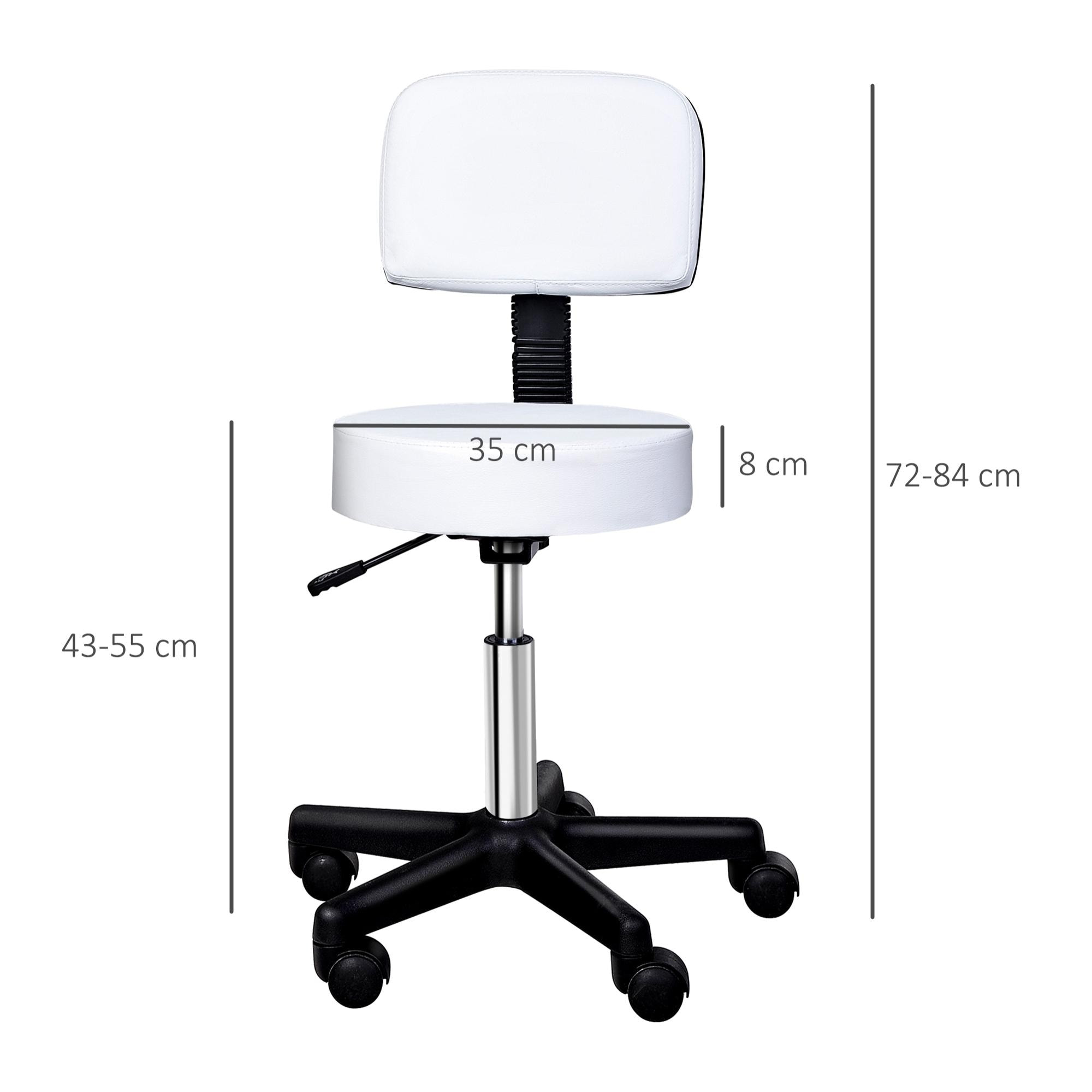 Tabouret massage à roulettes réglable en hauteur pivotant avec dossier ergonomique blanc