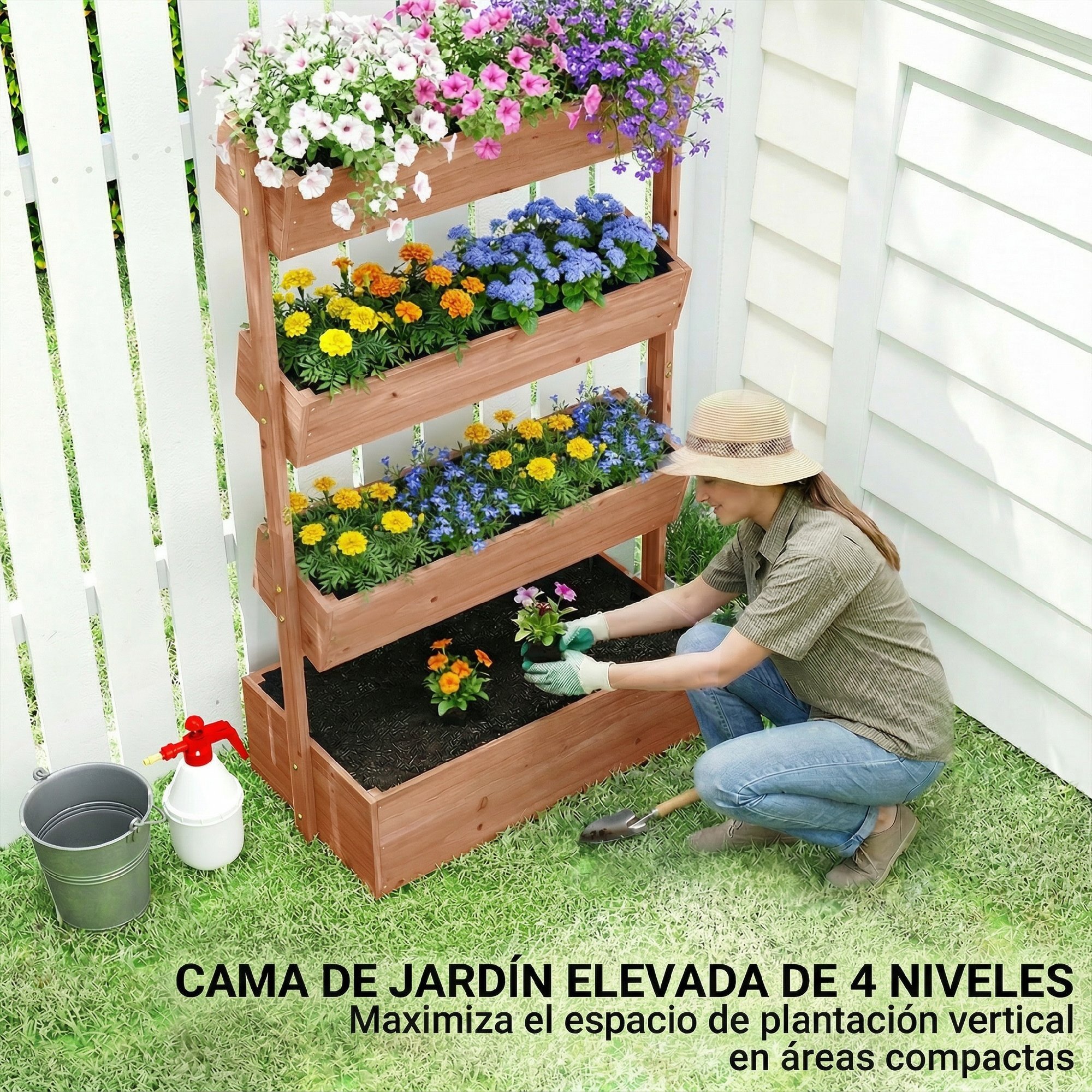Jardinera de Madera de 4 Niveles, Jardinera Exterior Elevada con Orificios de Drenaje y Tela no Tejida, Macetero para Cultivos, Plantas, Flores, para Terraza, Jardín, 85x45x140 cm, Marrón
