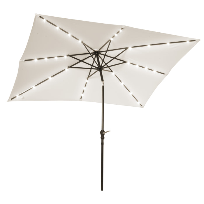 Parasol lumineux rectangulaire inclinable dim. 2,68L x 2,05l x 2,48H m parasol LED solaire métal polyester haute densité blanc cassé