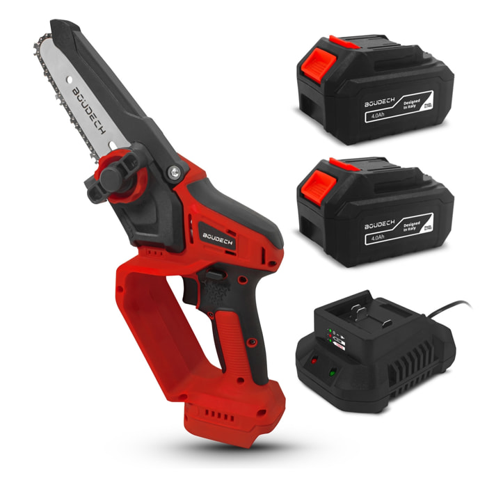 Lazher 20 - Motosega a batteria per potatura Alfa Line, con barra da 5", 2 batterie 4a + caricabatterie