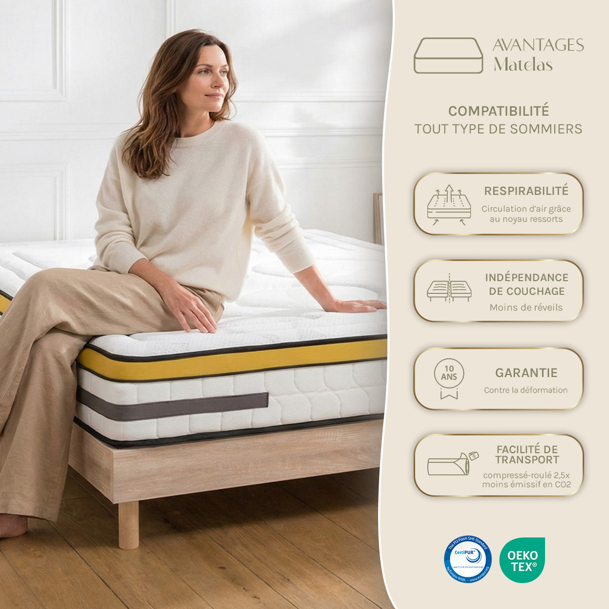 Matelas Hybride Aubertin, Ressorts Ensachés & Mousse Hyper Soft, 24 cm, Accueil Tonique, Soutien Ferme, Garanti 10 ans