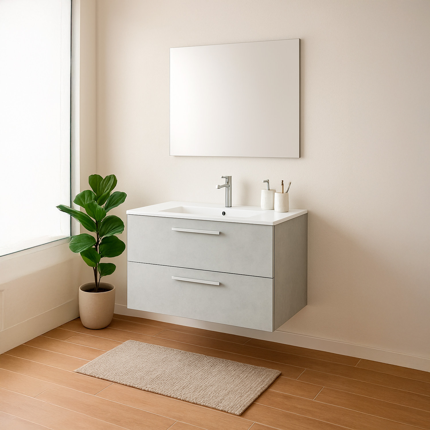 Mobile Mobiletto Bagno Sospeso Con 2 Cassettoni Soft Close Con Lavandino Lavabo In Ceramica E Specchio 57 x 80 x 45 Cm Colore Cemento Laccato
