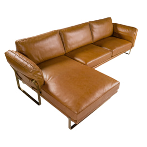 Sofá chaise longue Angel Cerdá izquierda de 5 plazas tapizado en piel de origen vacuno en camel patas de acero inoxidable en dorado 302x166x84cm