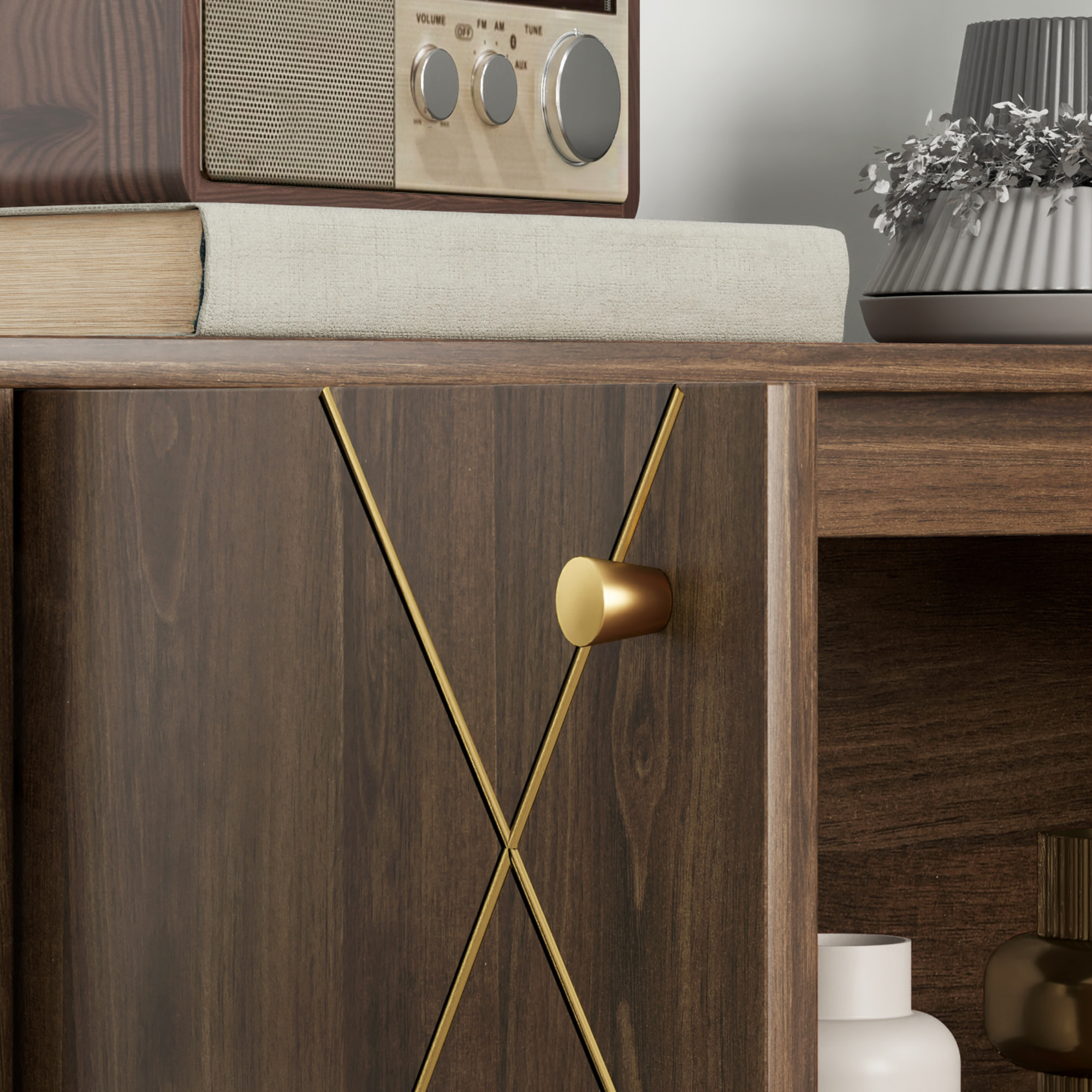 Buffet design - 2 portes, étagère - dim. 80 x 37 x 77 cm - doré effet bois