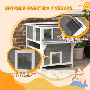 para Gatos de Madera 64x87x76 cm Casa para Gatos de 2 Niveles Refugio para Gatos con Techo Asfáltico Ventana y Puerta con Cortina para Interior y Exterior Gris Claro