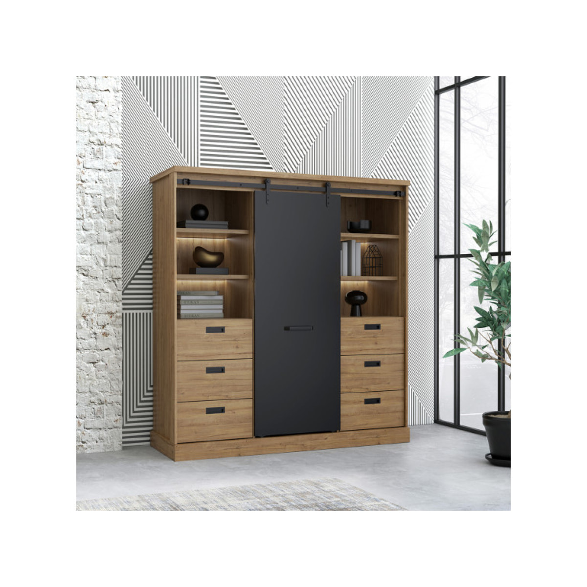 Buffet haut en bois effet chêne & noir - FACTORY