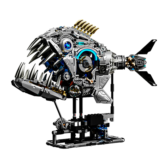 Maqueta 3D mecanizada de piraña con 1085 piezas, equipada con luces y mecanismo de manivela que permite movimiento dinámico.