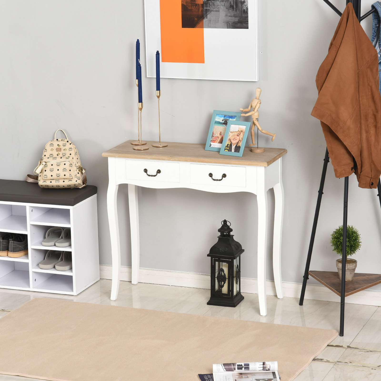 Console style table de drapier style shabby chic 2 tiroirs dim. 87L x 34l x 78H cm MDF bois massif pin clair blanc