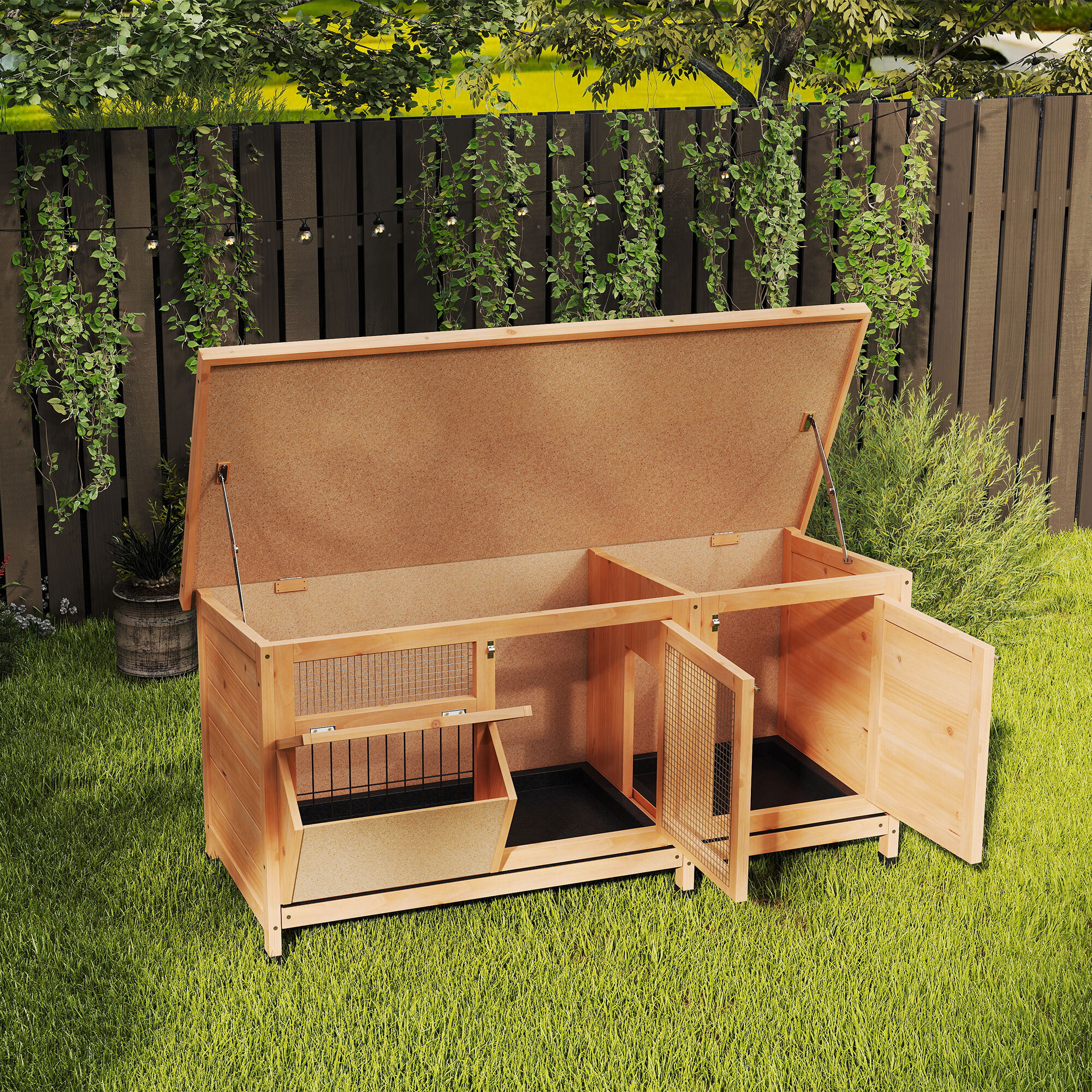 Conejera de Madera, Jaula para Conejos con Techo Asfáltico Abatible, Puertas con Pestillo, Bandejas Extraíbles y Comedero, Conejera para Exterior, 112x50x54 cm, Amarillo