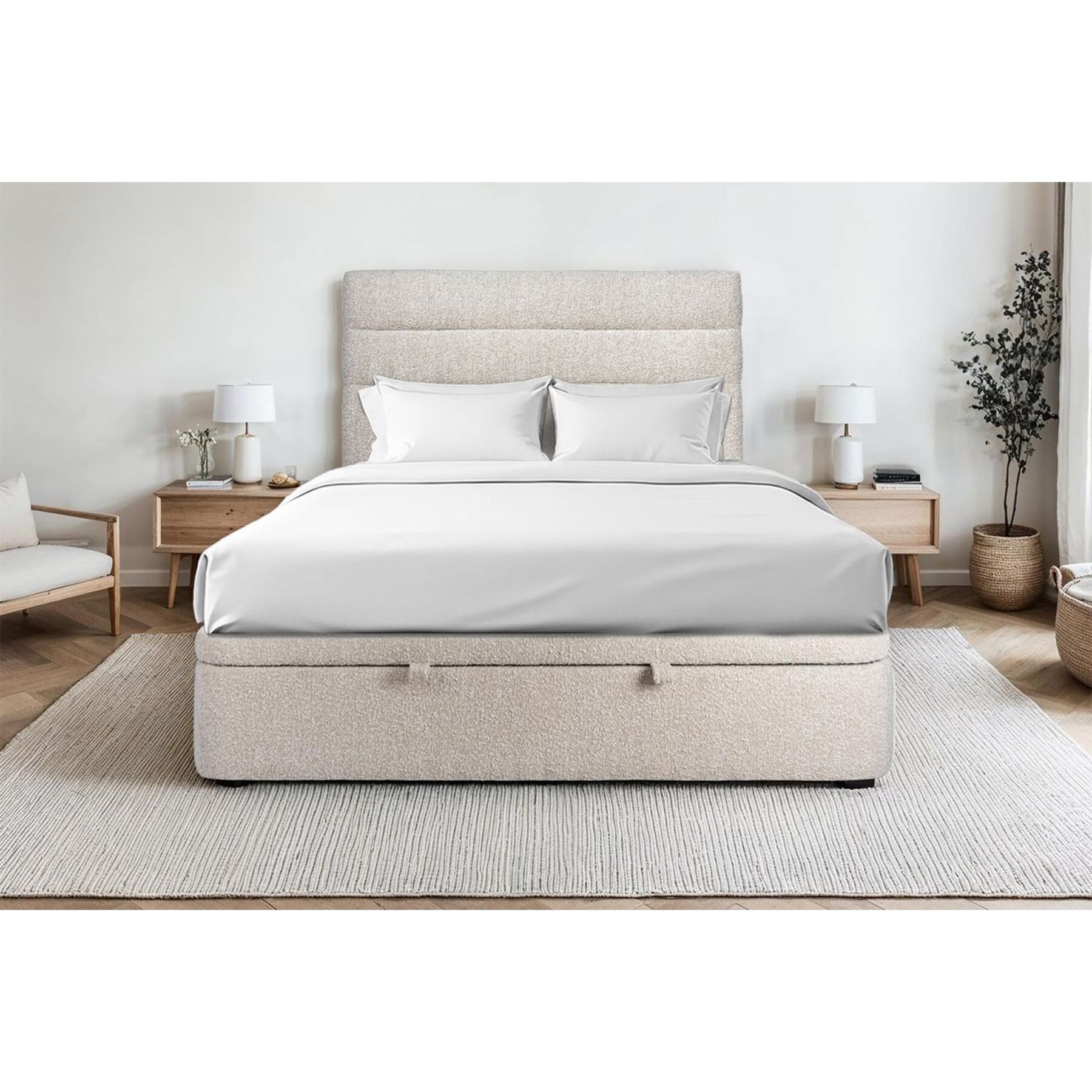 Lit avec sommier et tête de lit à lignes - Tissu bouclette au style tendance - Adapté à tous les matelas, montage rapide - Rangement XXL - Hauteur Totale : 39cm