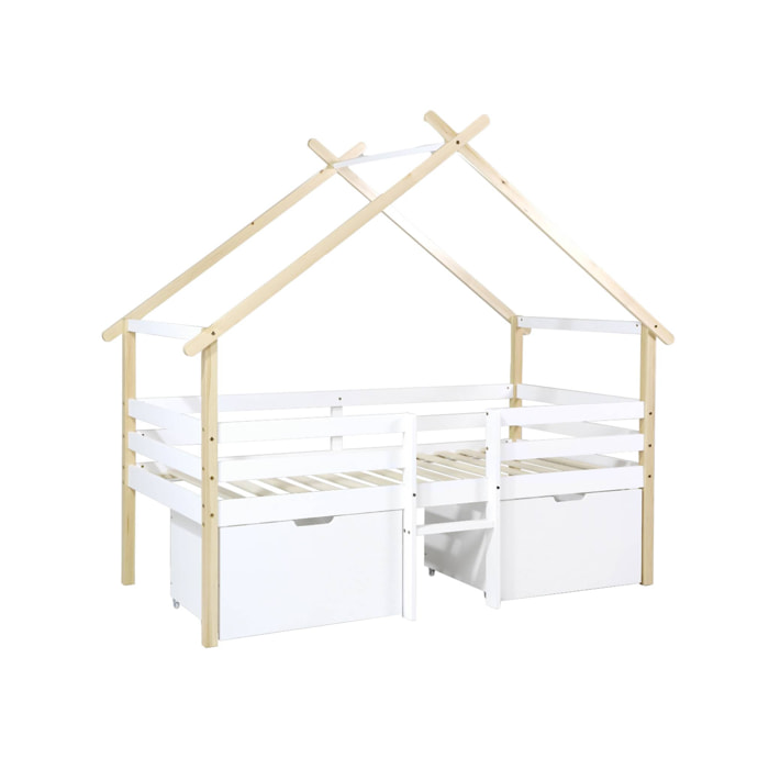 Lit enfant 90 x 190 cm bois de pin blanc sommier à lattes inclus et 2 tiroirs - Sienna