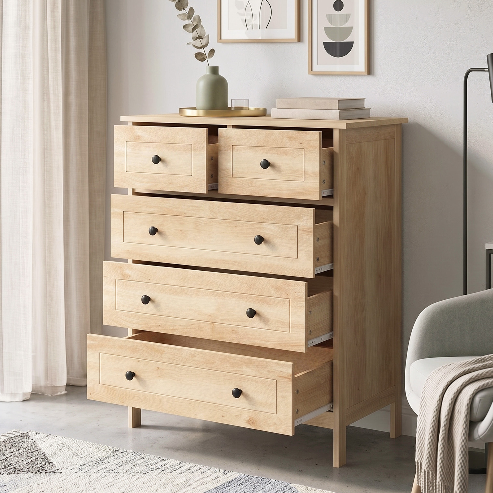 Commode 5 tiroirs style contemporain poignées boutons métal noir MDF panneaux naturel
