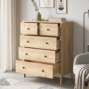 Commode 5 tiroirs style contemporain poignées boutons métal noir MDF panneaux naturel
