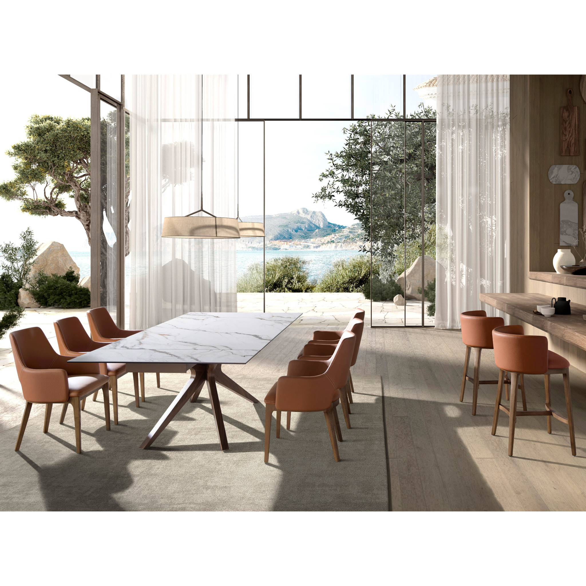 Taburete Angel Cerdá con asiento y respaldo tapizados en polipiel en marrón patas de madera chapada en nogal natural de estilo vanguardista a la vez que atemporal 53x51x84cm