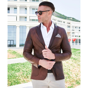 Blazer in pelle naturale marrone nuvolato con taschino e fazzoletto