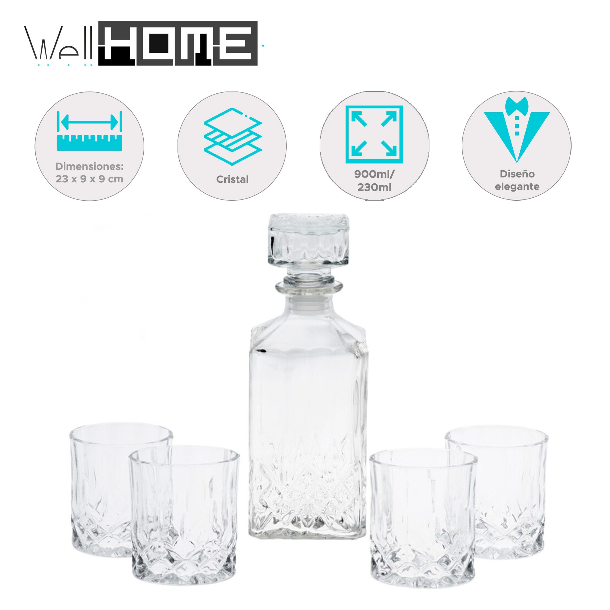 Set de vaso decantador elegante con tapas de cristal y vasos a juego