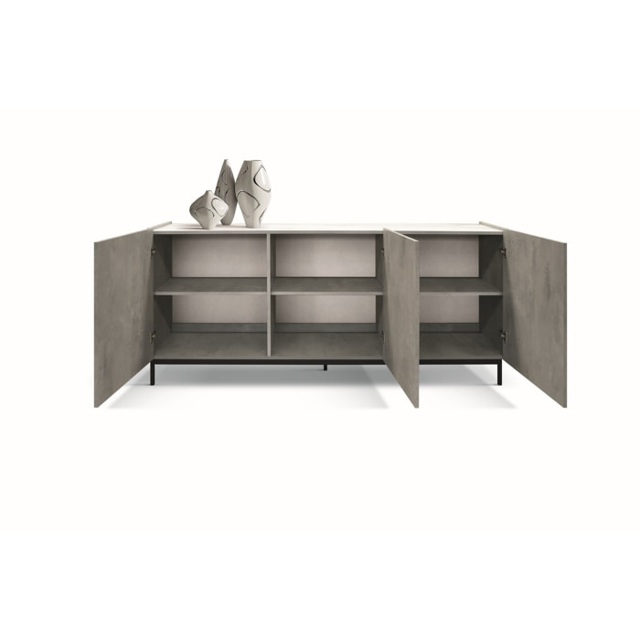 Credenza PIETRASANTA in legno, finitura in grigio cemento, piano effetto marmo statuario, 200x50 cm