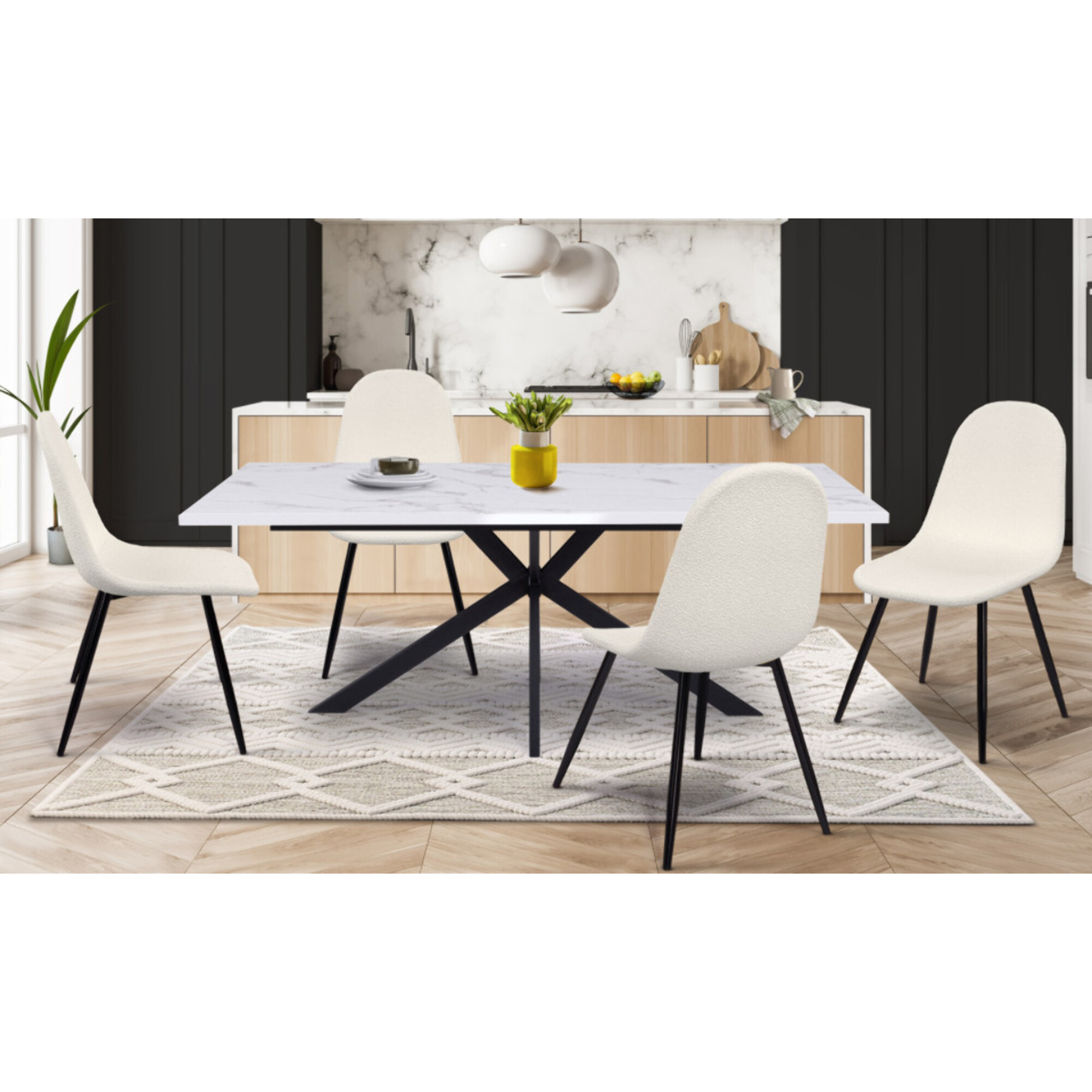 Chaises Sofia en bouclette blanche et pieds métal noirs - lot de 4