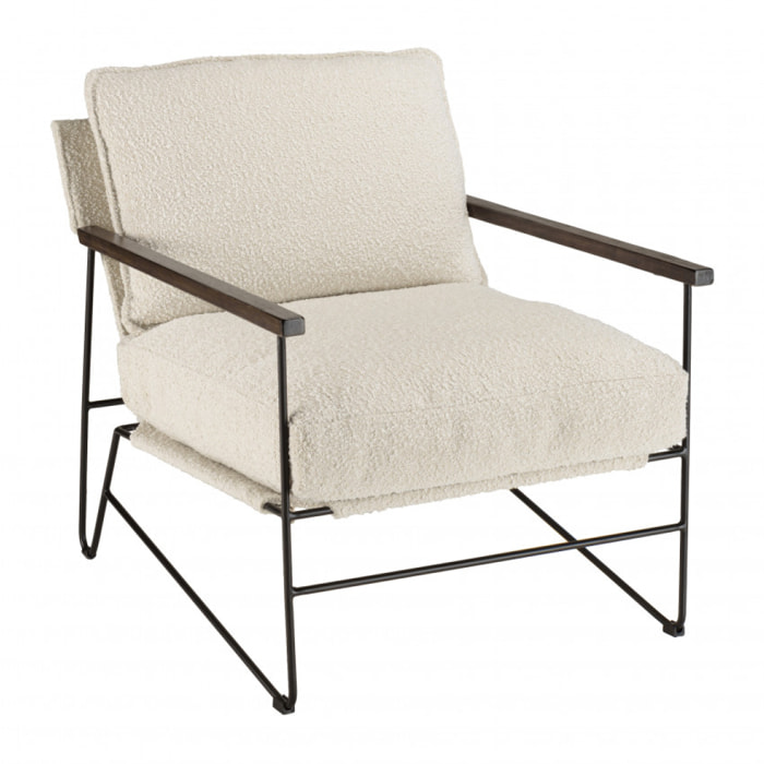 GASTON - Fauteuil tissu écru 1 coussin structure métallique noire, accoudoirs en bois