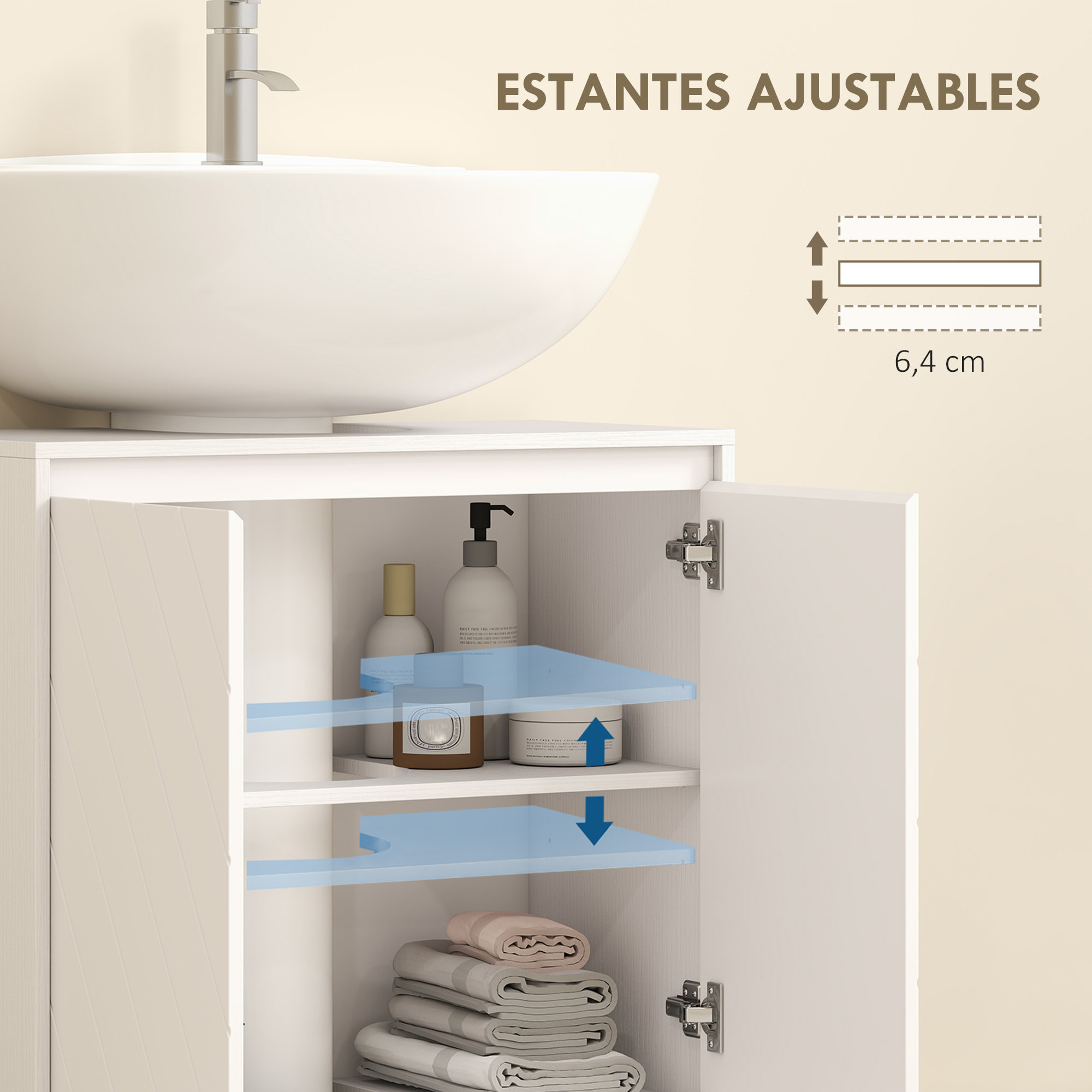 Mueble Bajo Lavabo, Mueble de Baño con 2 Puertas y Estante Ajustable, Armario de Baño para Lavabos con o sin Pedestal, Estilo Vintage, 60x30x59,8 cm, Blanco