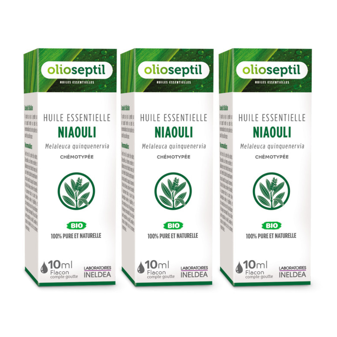 OLIOSEPTIL - Huile essentielle de Niaouli - 100% Pure et naturelle - BIO - HEBBD (biochimiquement et botaniquement définie) - 100% origine naturelle - 3 Flacons 10ml