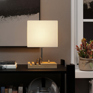 Lámpara de Mesa con Puertos USB-A/C, Tres Ranuras para Teléfonos, Lámpara de Mesita de Noche Moderno con Base de Madera y Pantalla de Tela, para Dormitorio, Salón, E27, 40W, Blanco