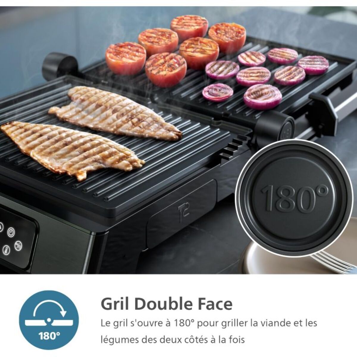 Grille-viande PHILIPS 7000 Series HD6307/70 noir sonde de cuisson, plaques amovibles, à poser, 29x26 cm