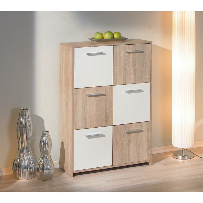 Credenza a sei antine, colore bianco e rovere, Misure 77 x 115 x 30 cm