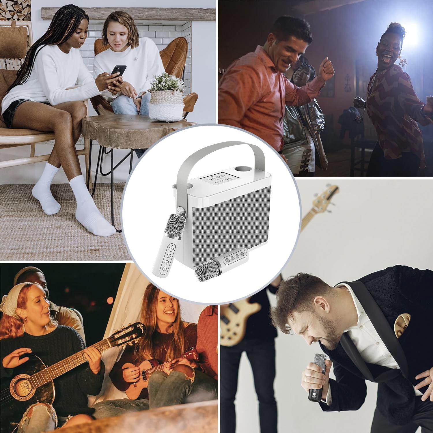 Kit karaoke con altoparlante Bluetooth e 2 microfoni. 10 W, batteria integrata.