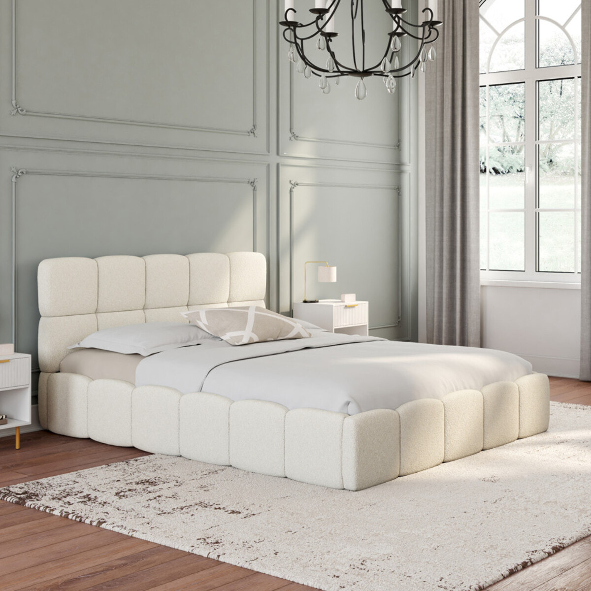 Lit coffre Bubble en tissu bouclette avec sommier et tête de lit 140x190cm