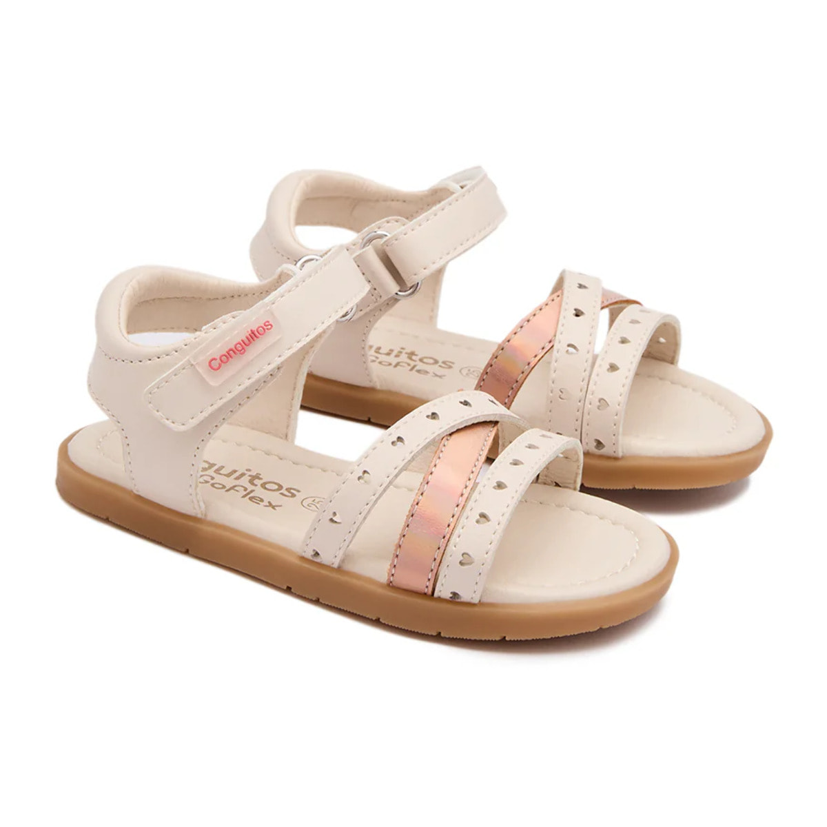 Sandalias Abiertas de Niña Respetuosas Goflex con Detalles de Corazones en Beige
