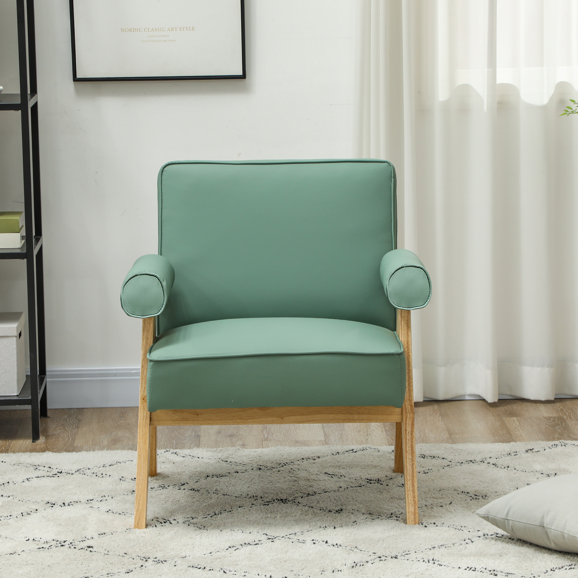 Butaca de Salón Butaca Nórdica Sillón de Salón Tapizado en PU con Reposabrazos y Marco de Madera de Caucho para Dormitorio Carga 120 kg Verde