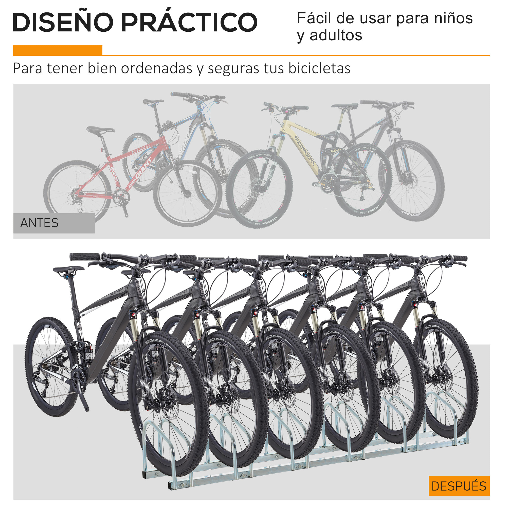 Aparcamiento para 6 Bicicletas Soporte de Acero para Aparcar Bicicletas en el Suelo o Pared Estacionamiento para Interior y Exterior 179x33x27 cm Plata