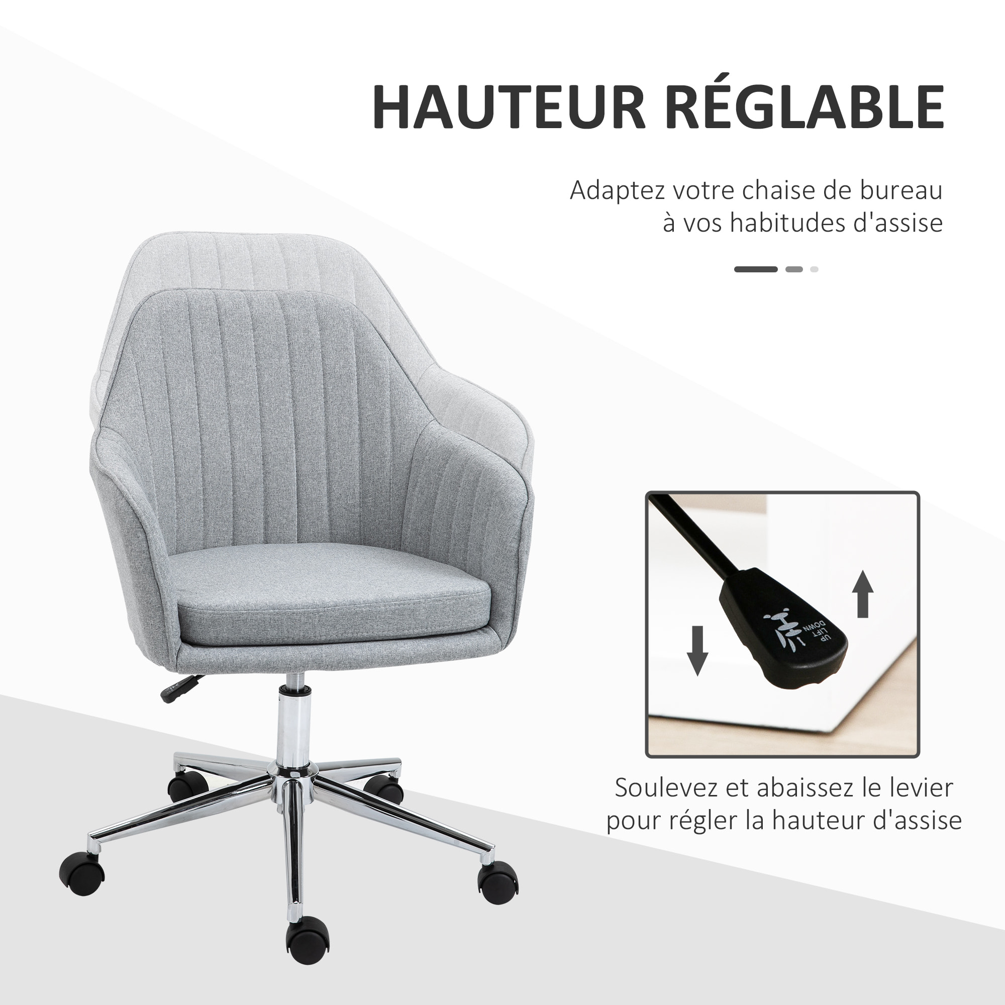 Chaise de bureau design contemporain piètement chromé lin gris