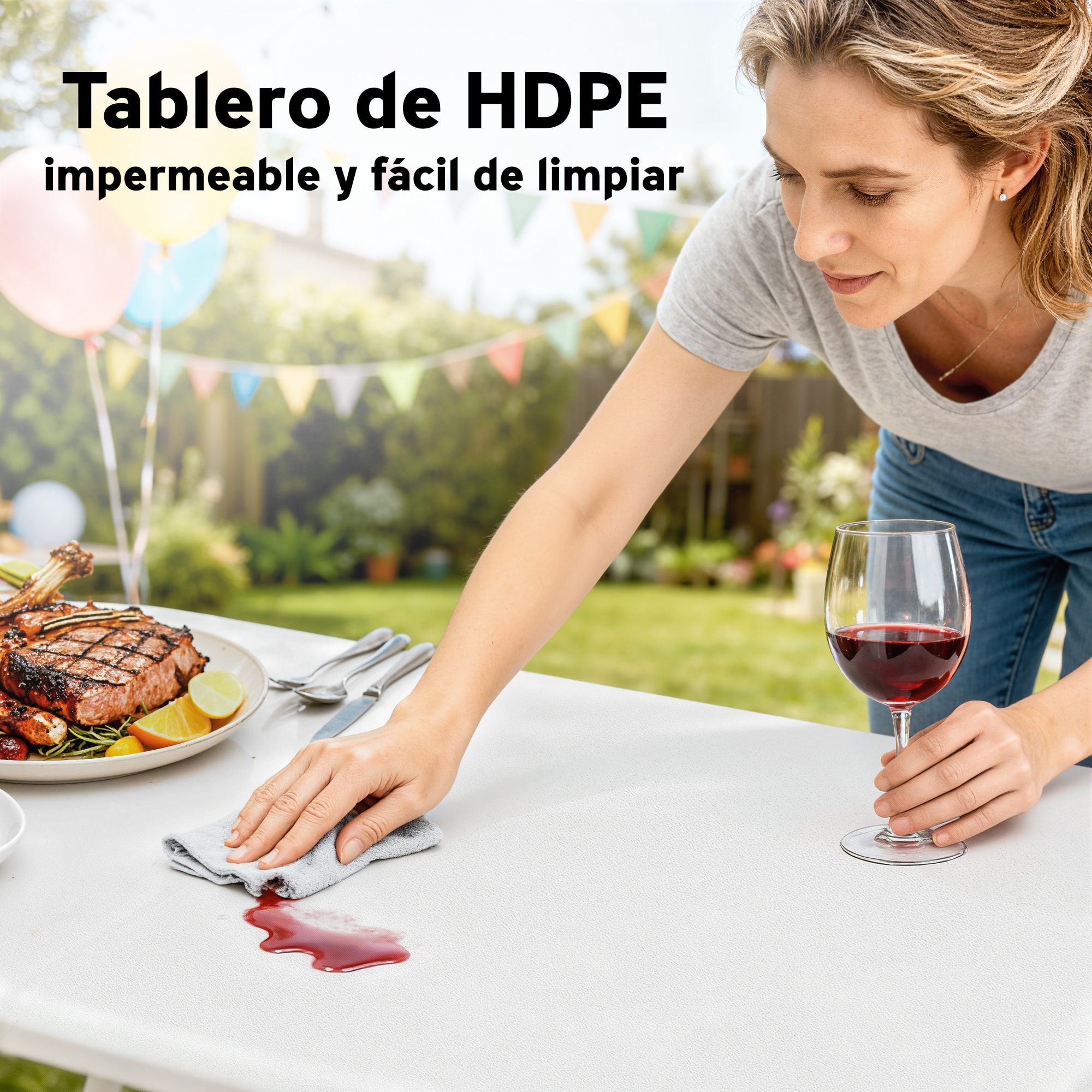Conjunto de Camping Plegable de 3 Piezas, Mesa Plegable Camping con Bancos, Incluye 1 Mesa de Camping 180x74x74 cm y 2 Bancos, Asas, Impermeable, para Acampadas, Jardín, Pícnic, Blanco