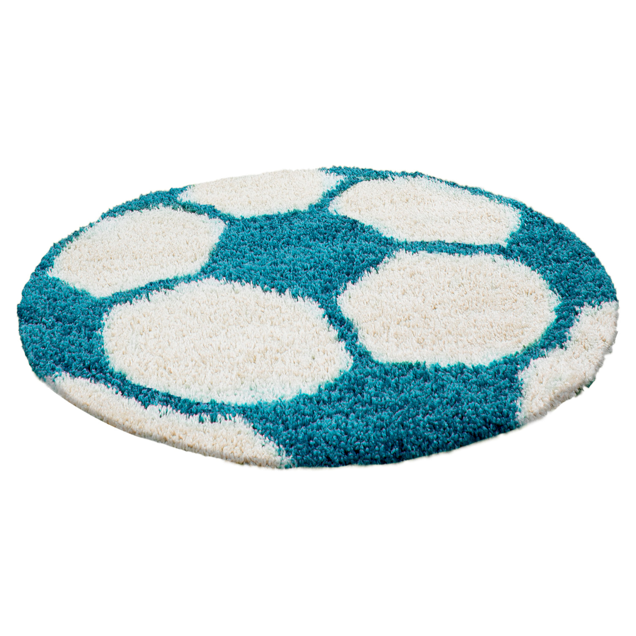 FUN - Tapis enfant shaggy rond à poils long motif ballon de foot turquoise