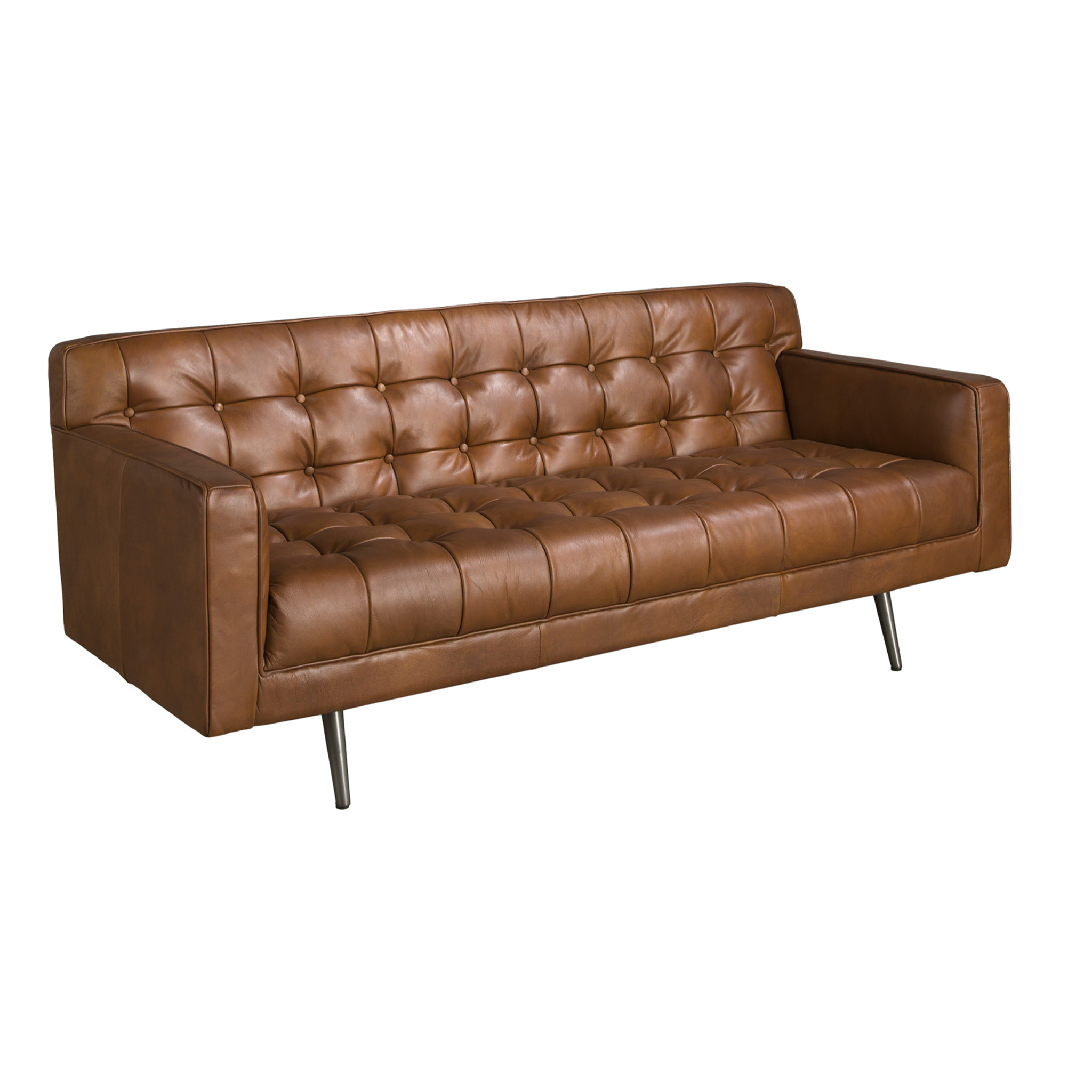 Sofá Chester de 2 plazas tapizado en piel de origen vacuno en marrón oscuro patas de acero inoxidable oscurecido 180x79x70cm