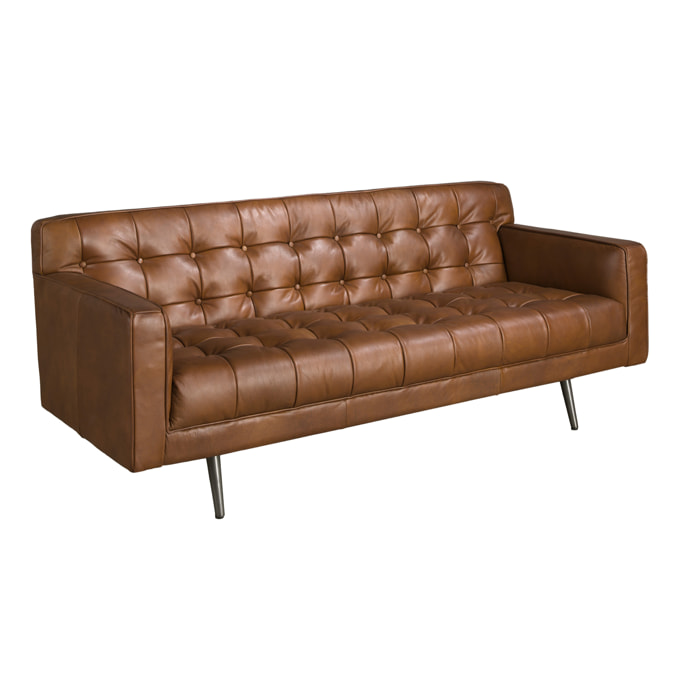 Sofá Chester de 2 plazas tapizado en piel de origen vacuno en marrón oscuro patas de acero inoxidable oscurecido 180x79x70cm