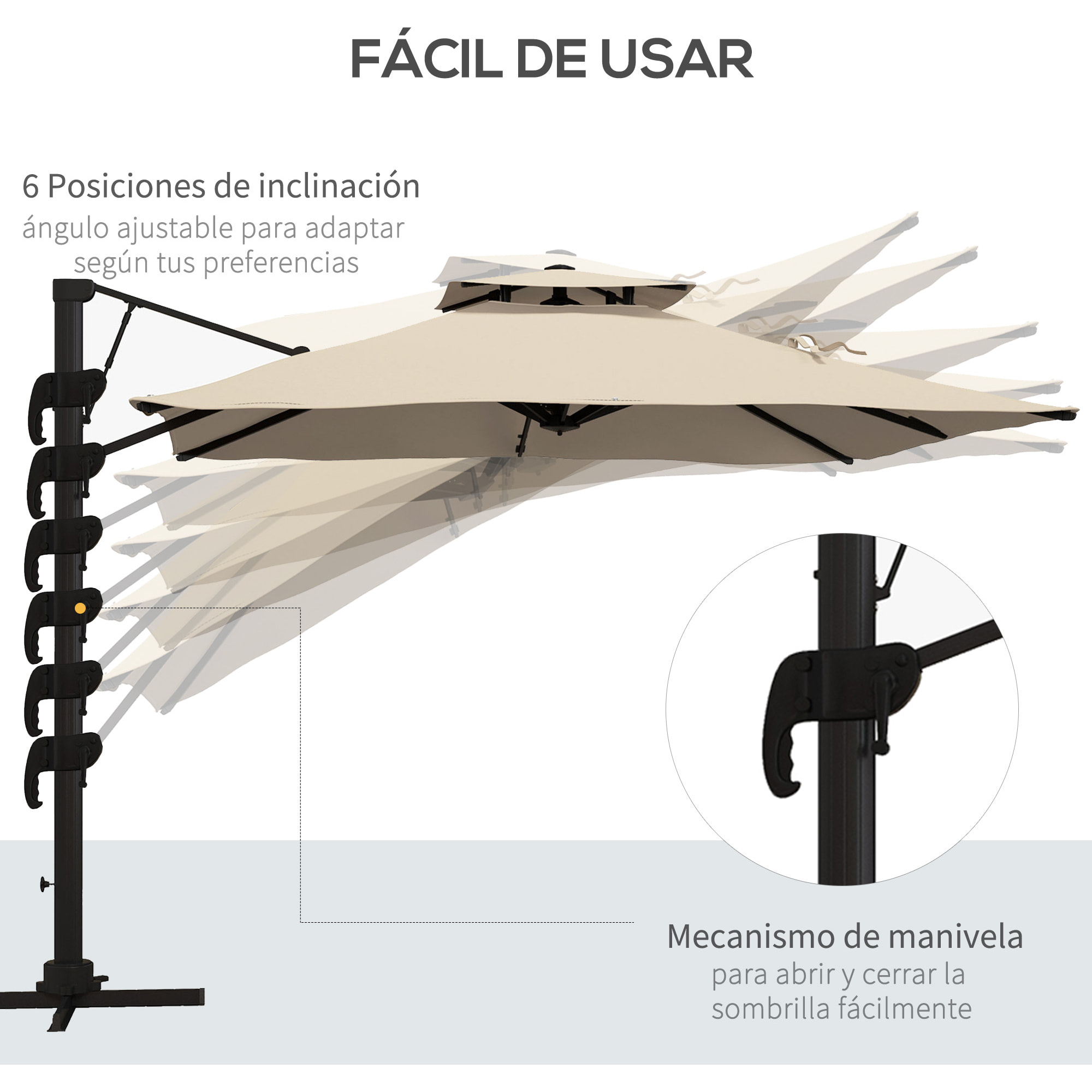 Sombrilla de Jardín 300x300 cm Parasol de Aluminio con Manivela Poste Giratorio 360° Doble Techo Inclinable en 6 Posiciones y Base Cruzada Incluida Caqui