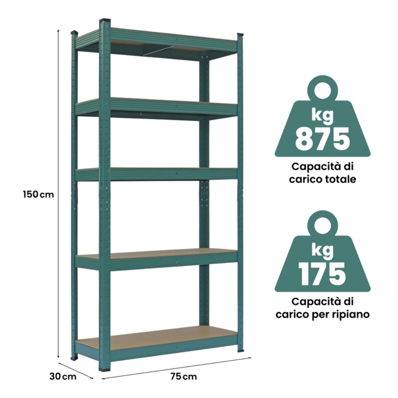 Coppia di scaffali metallici verdi 150x75x30 cm