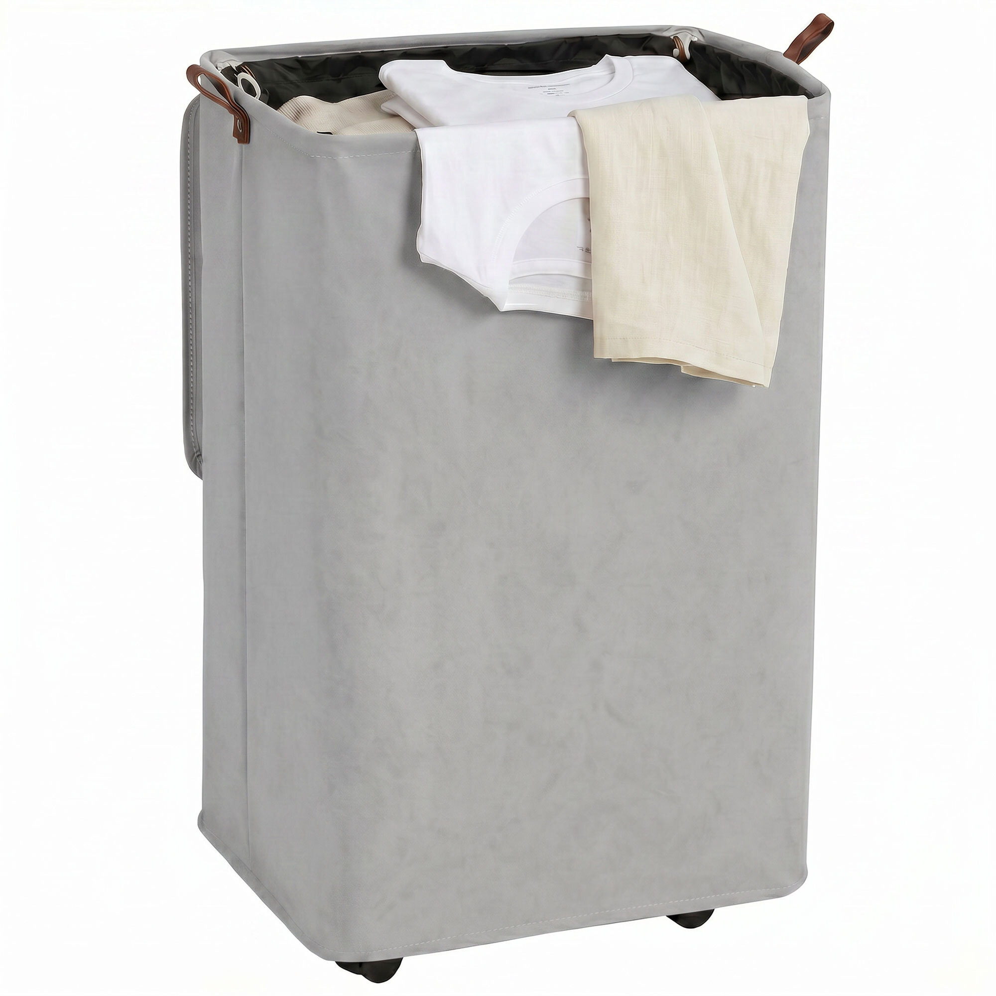 Cesto de Ropa Sucia con Tapa y Ruedas, 50L, Cesta de Ropa Sucia Plegable con Bolsa con Cordón Extraíble y Lavable, para Lavandería, Dormitorio, Baño, 40x30x65 cm, Gris