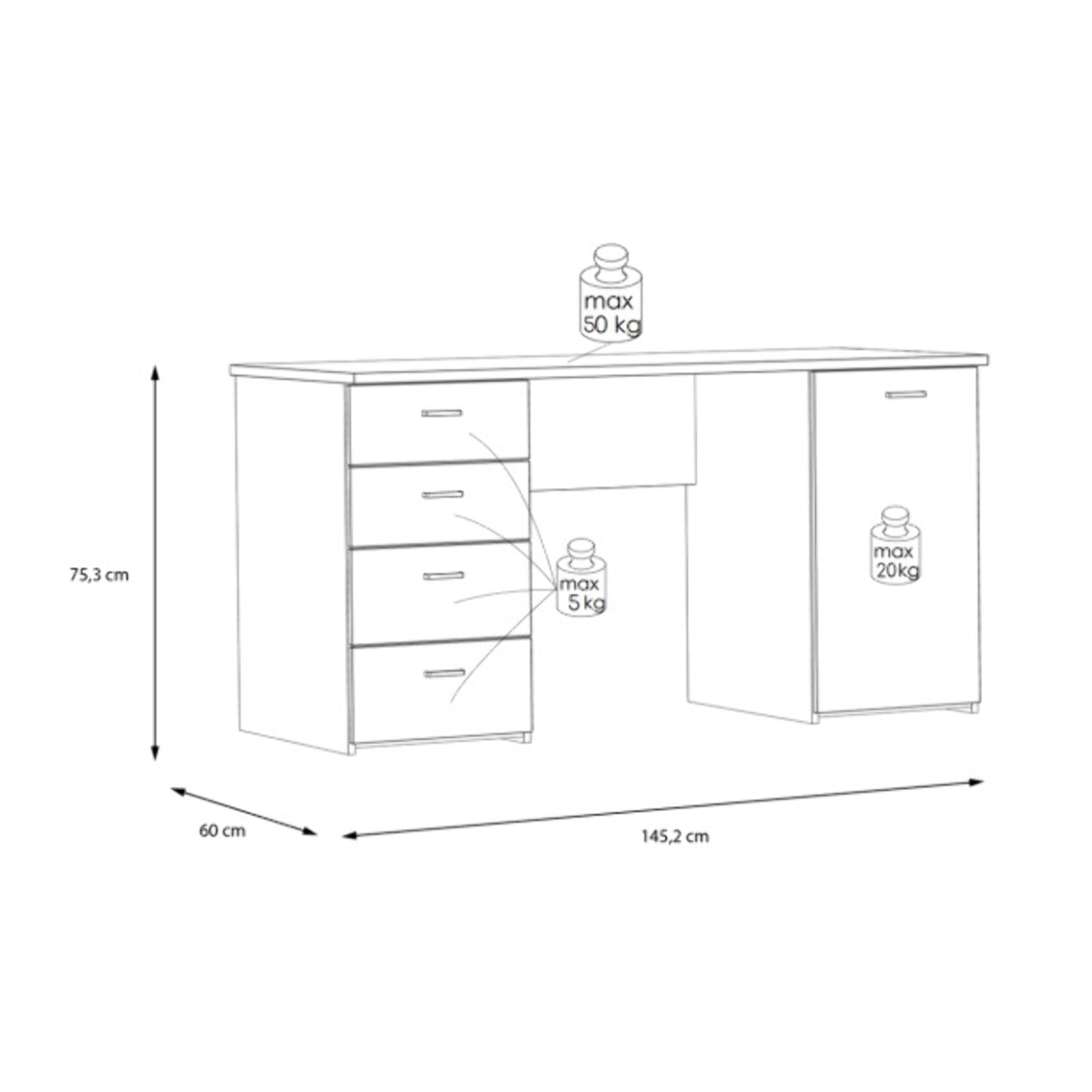 Bureau droit 1 placard 4 tiroirs 145 cm décor en bois chêne - GOTHAM