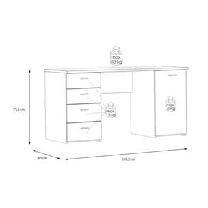 Bureau droit 1 placard 4 tiroirs 145 cm décor en bois chêne - GOTHAM