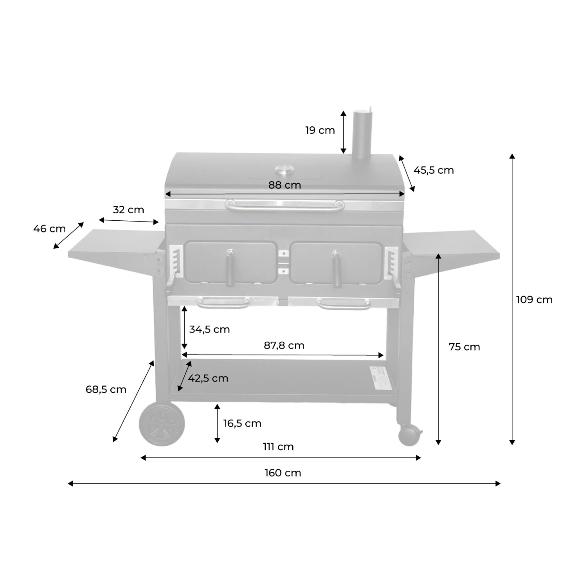 Barbecue Grill charbon de bois - Bernard XL Noir - Avec récupérateur de cendres. aérateurs. bac charbon ajustable et tablettes rabattables. L 160 x P 107.5 x H 141cm