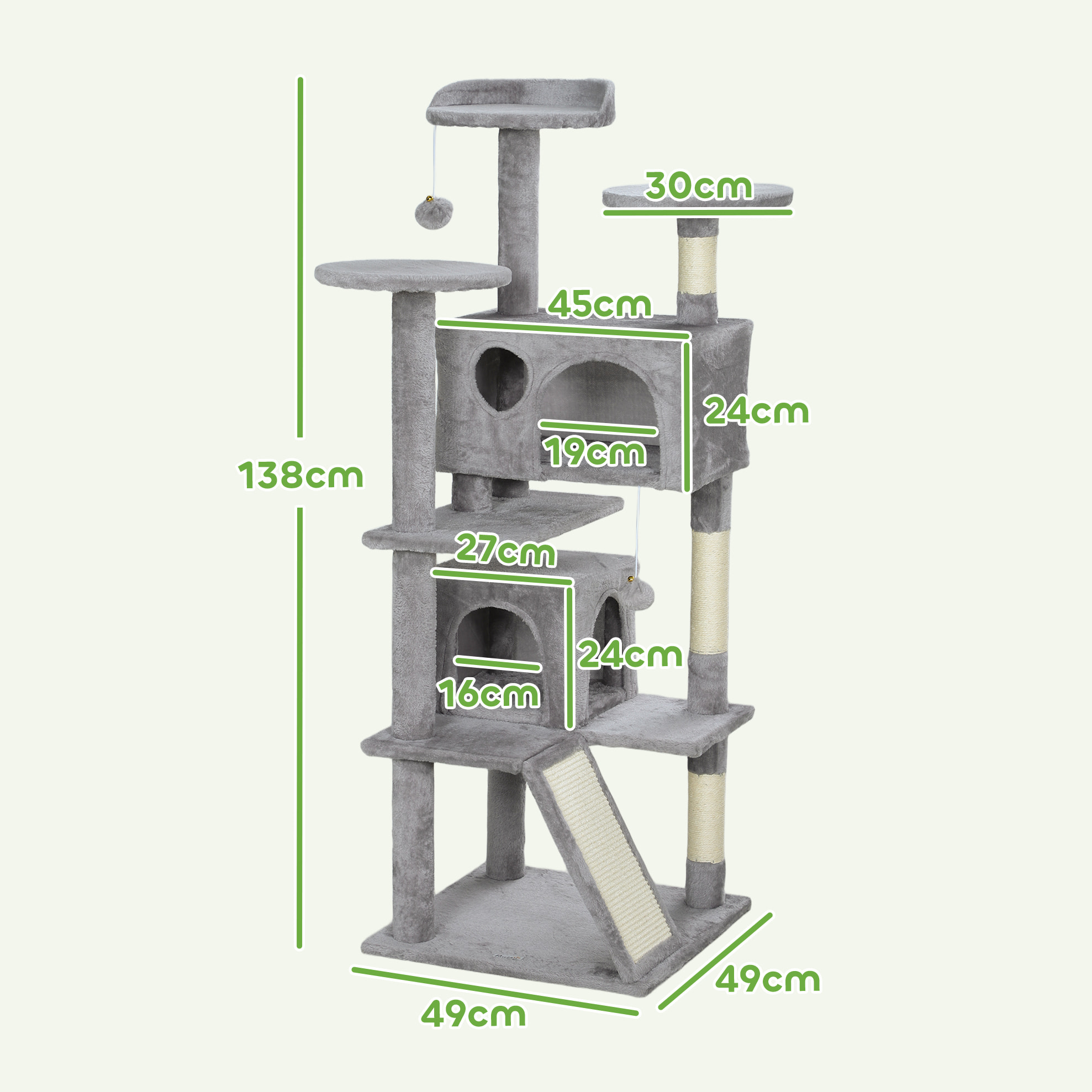 Rascador para Gatos Altura 138 cm Árbol para Gatos Torre de Escalada con Postes Rascadores de Sisal Plataformas Cuevas Bolas Colgantes y Hamacas Gris Claro