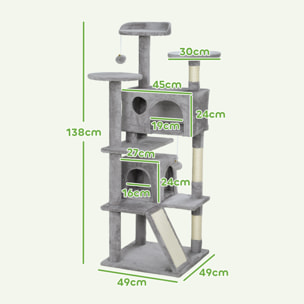 Rascador para Gatos Altura 138 cm Árbol para Gatos Torre de Escalada con Postes Rascadores de Sisal Plataformas Cuevas Bolas Colgantes y Hamacas Gris Claro
